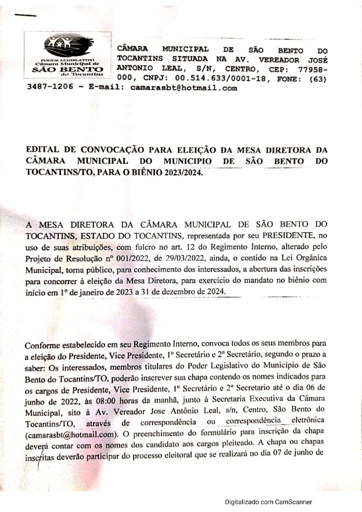 PUBLICADO EDITAL DE CONVOCAÇÃO DE ELEIÇÃO DA MESA DIRETORA PARA